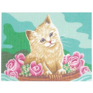 Canevas: Chat dans panier de fleur